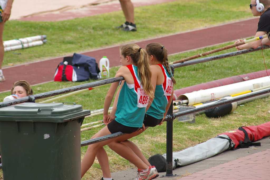 Grace and Bethany waiting for their Pole Vault event to start