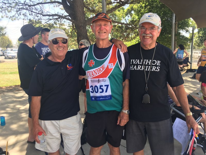 Tom Hancock with old pals and fellow Life Members of Ivanhoe Harriers, John Boas and Jeff Franklin